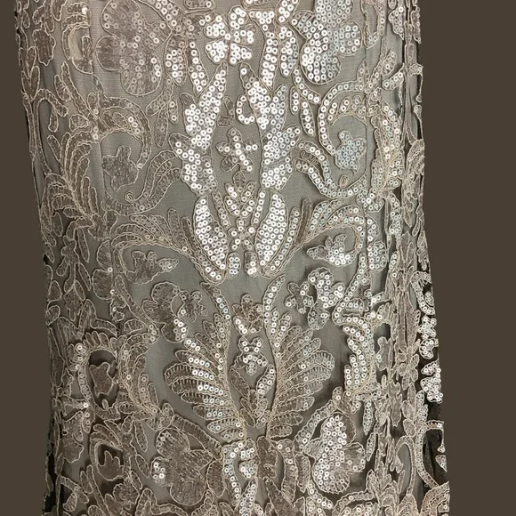 Tadashi Shoji Gown Size 8 Tan/Gold Lace Lined Cap Sleeve Wedding Formal Event